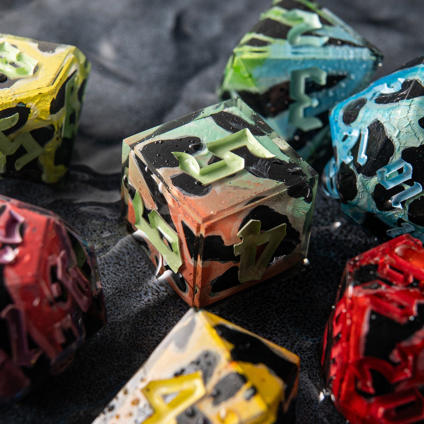 Fantasy poison dice set – Venom Bloom handmade polyhedrals with jungle-inspired patterns.