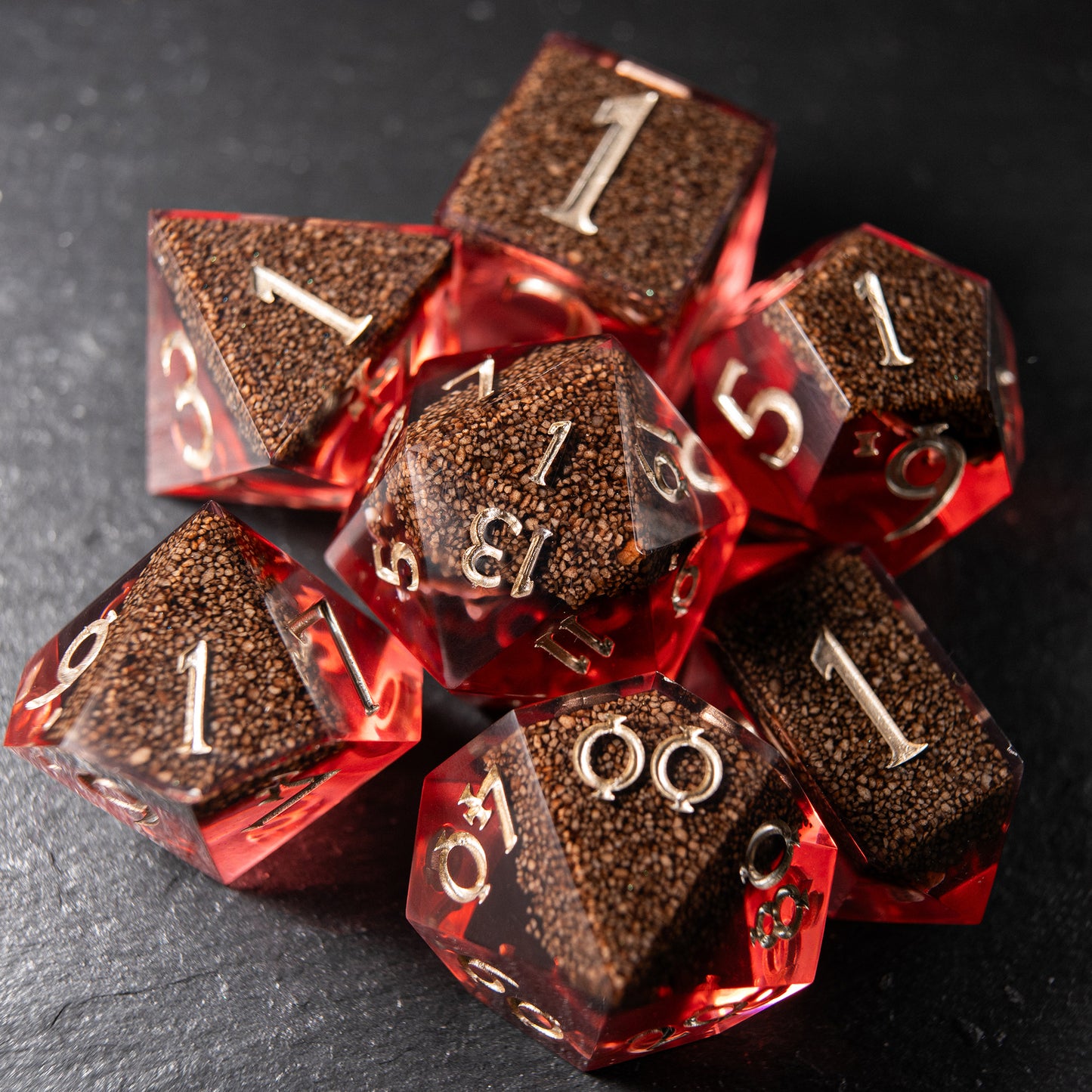 Crimson Reliquary resin polyhedral dice – blood-red handmade dice with skeleton relics for collectors.