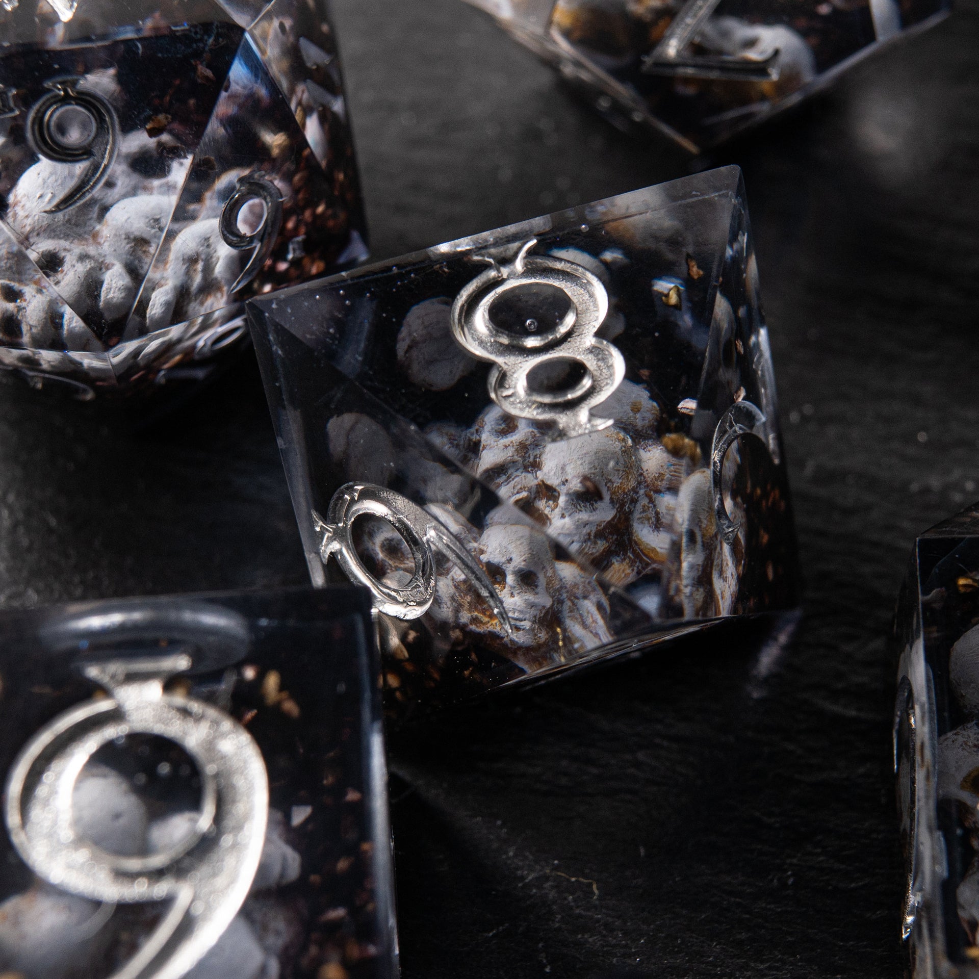 Fantasy dice with skull inclusions – handmade set “Prison of Souls” for TTRPG collectors.