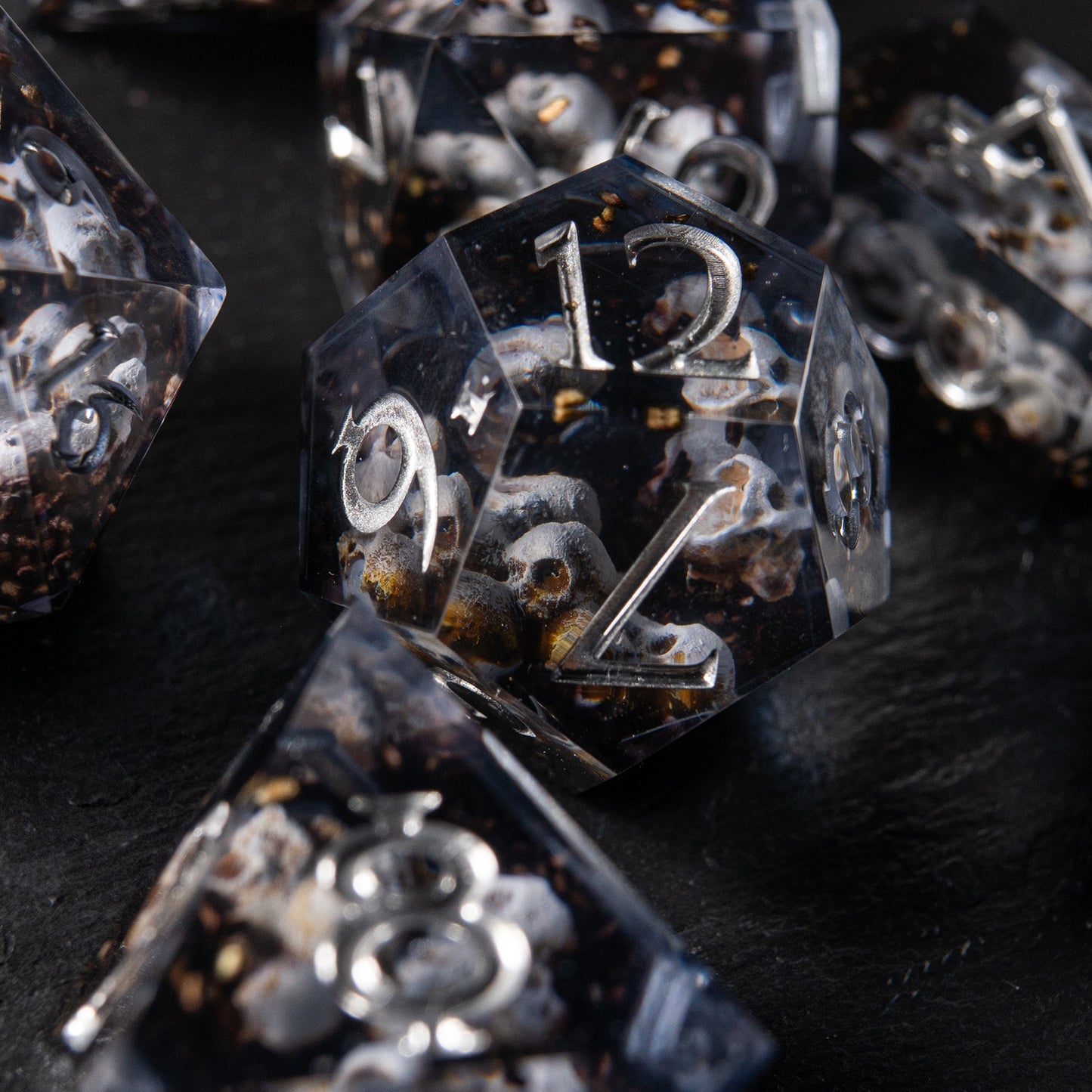 Handcrafted skull dice for D&D – Prison of Souls polyhedral resin set.