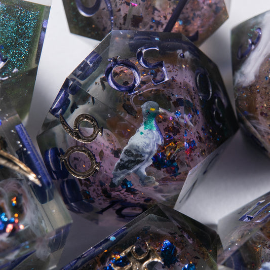 Handmade DnD dice set featuring miniature pigeons in flight – perfect for tabletop RPGs.
