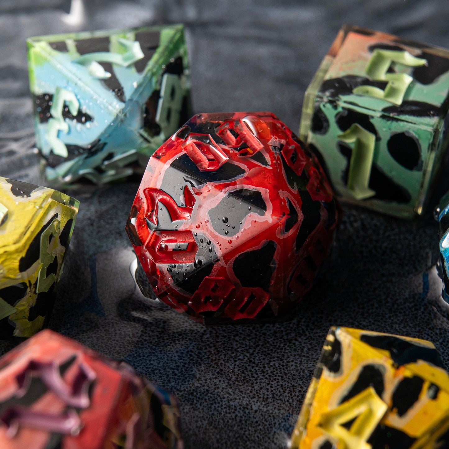 Handmade resin dice set Venom Bloom – colorful tropical frog dice for D&D and tabletop RPG.