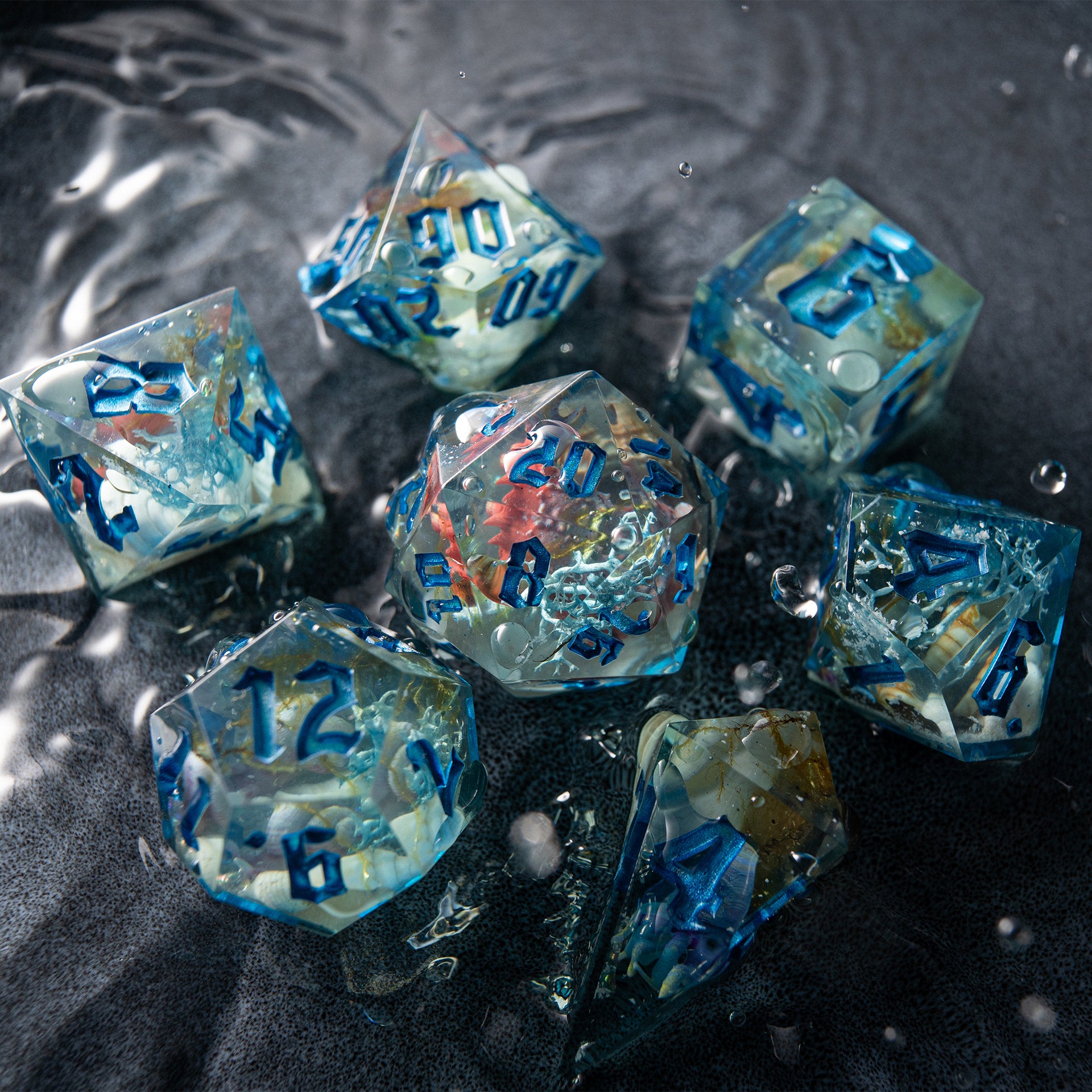 Ocean memory dice set – artisan fantasy dice with sea creatures and enchanted resin for RPG campaigns.