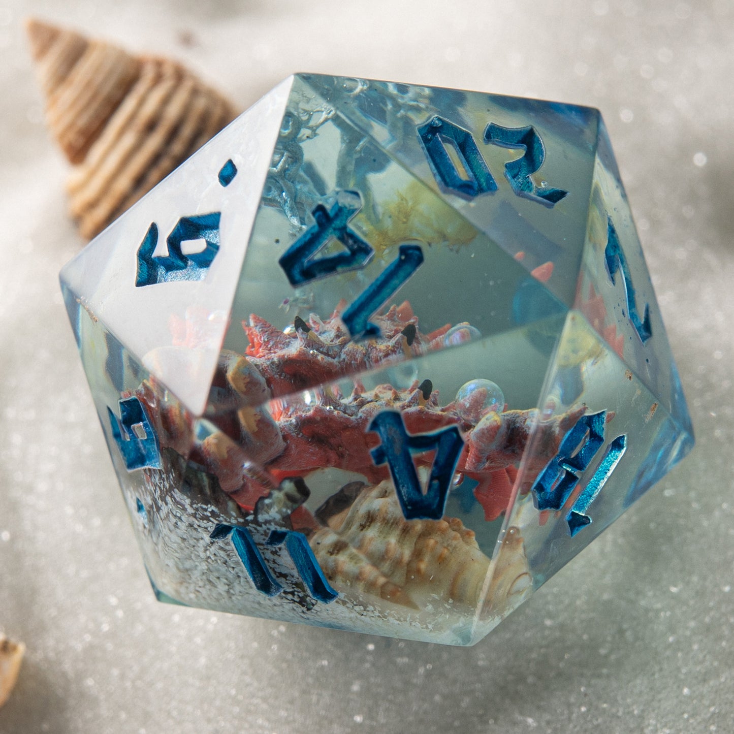Underwater fantasy dice – custom resin set with marine inclusions for TTRPG collectors.