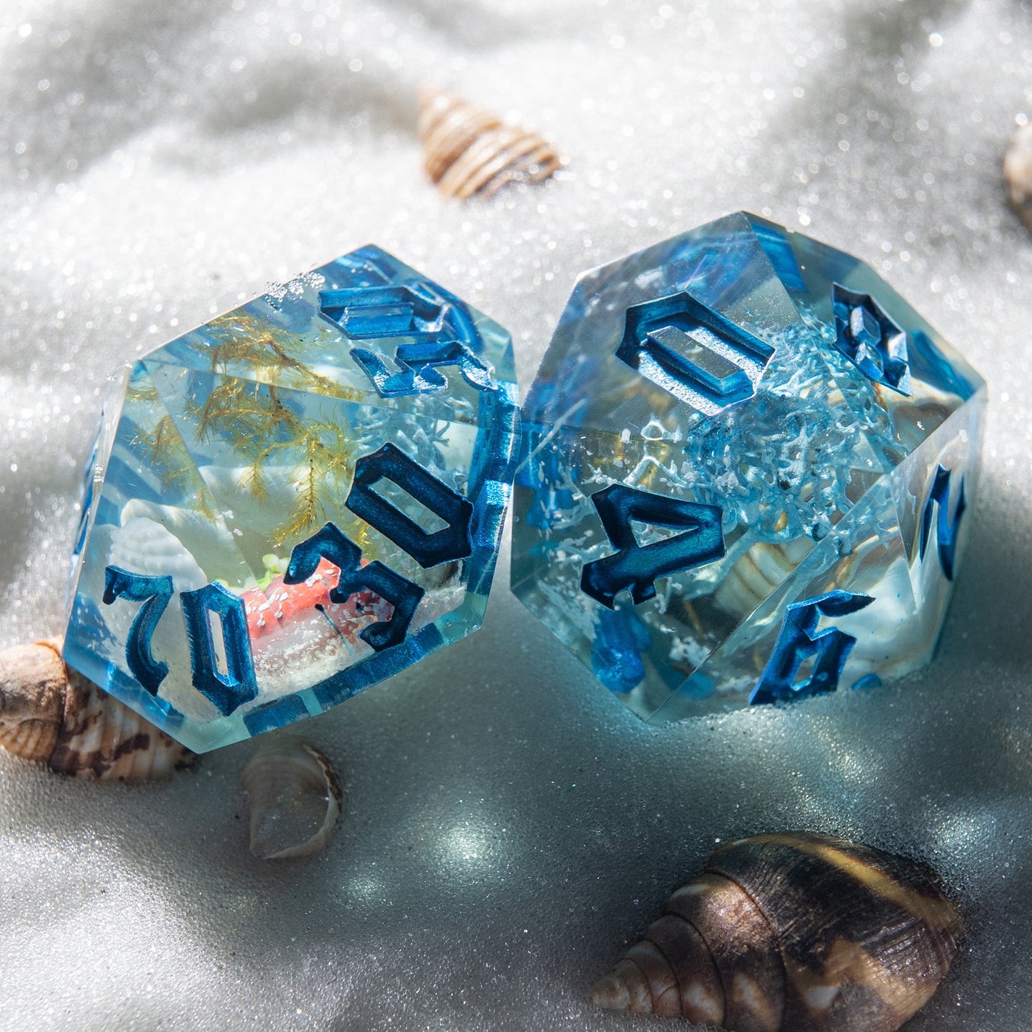 Unique handmade dice set with ocean theme – includes crabs, coral, and seafoam in clear resin.