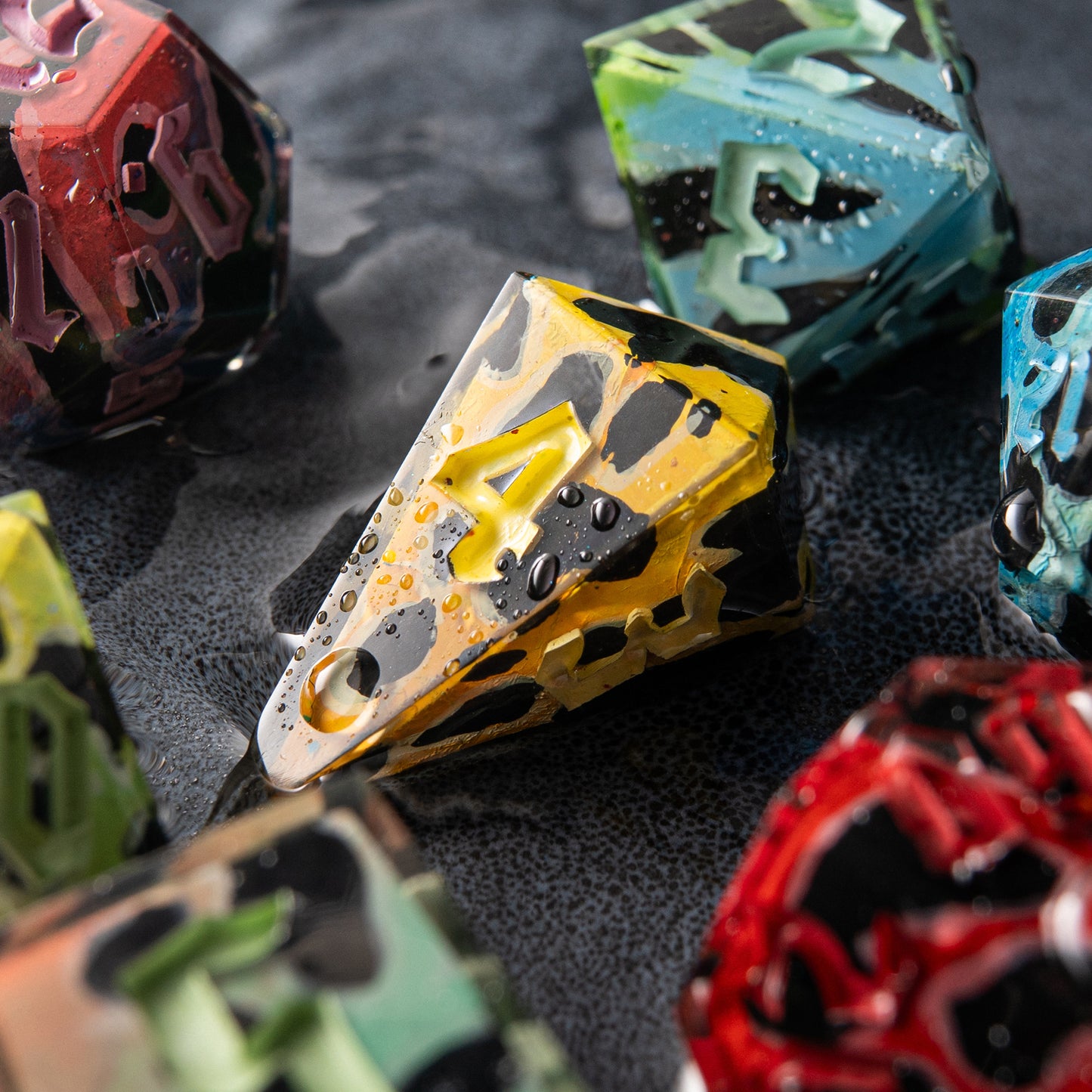 Unique tropical frog-themed D20 – colorful handmade dice for tabletop role-playing games.