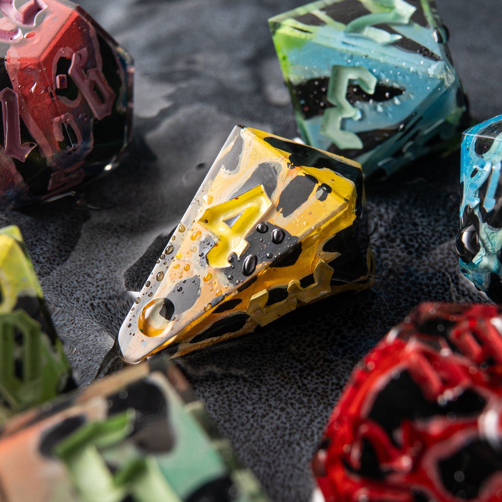 Unique tropical frog-themed D20 – colorful handmade dice for tabletop role-playing games.