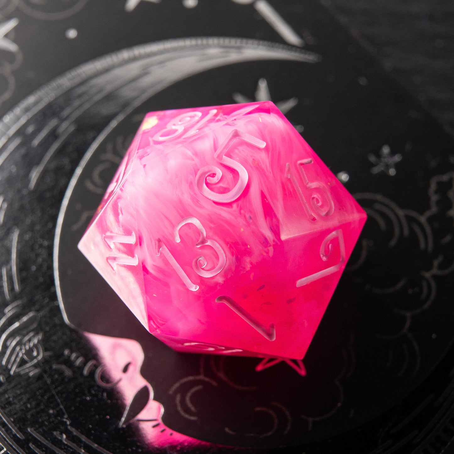 Heartflame resin dice – artisan hot pink D20 for tabletop RPG adventures.
