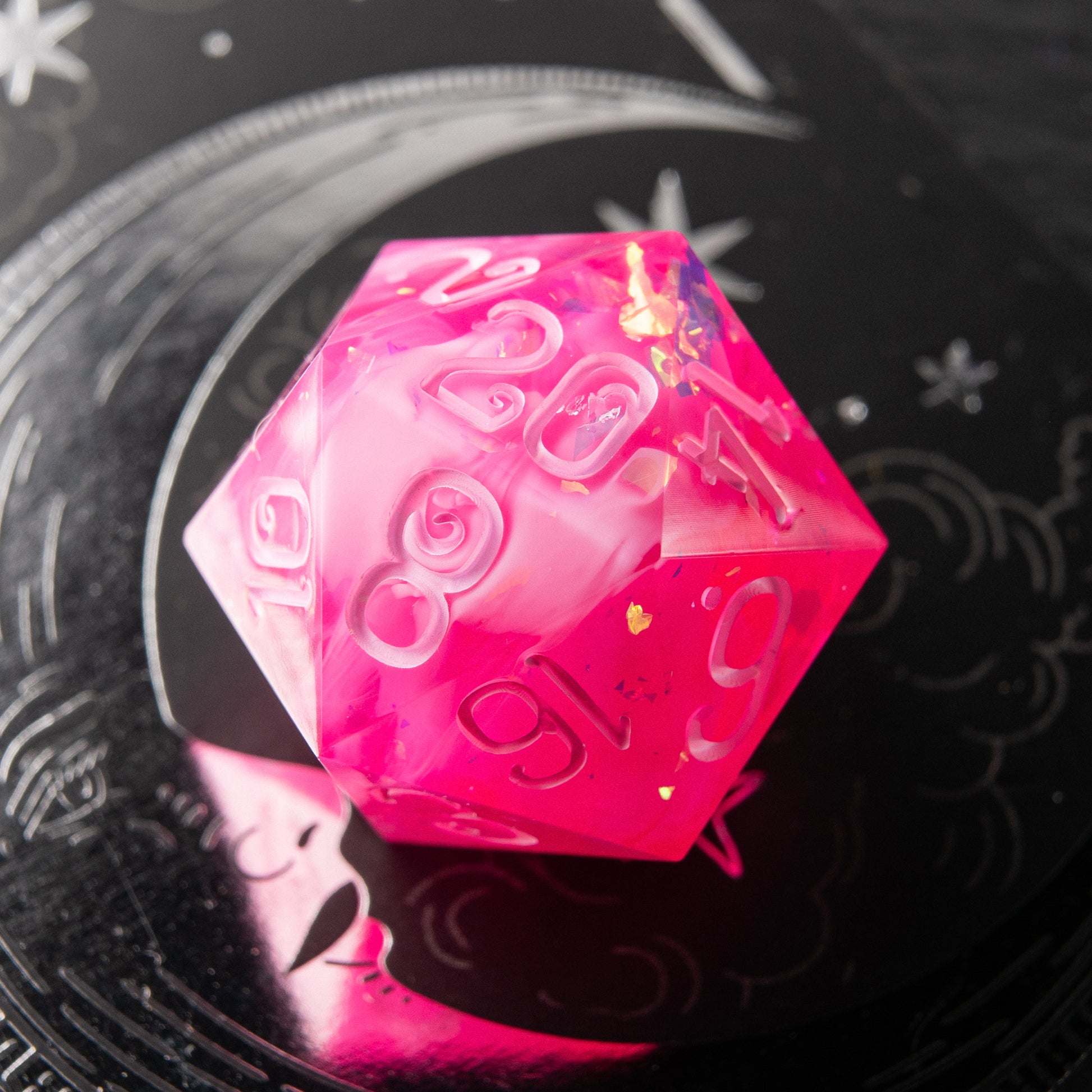 Heartflame handmade resin D20 – vibrant pink polyhedral dice for D&D.