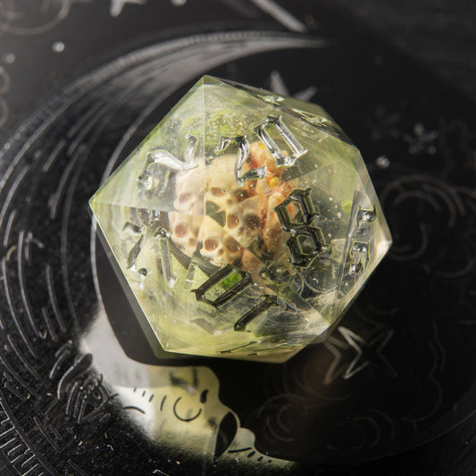 Altar of Ashes handmade resin D20 – dice with skull and candle altar inside for D&D.