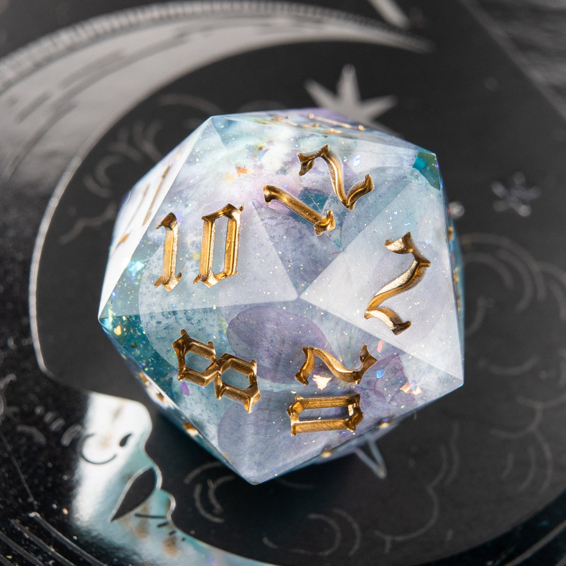 Bloomlight artisan dice – delicate floral resin polyhedral D20 for role-playing games.
