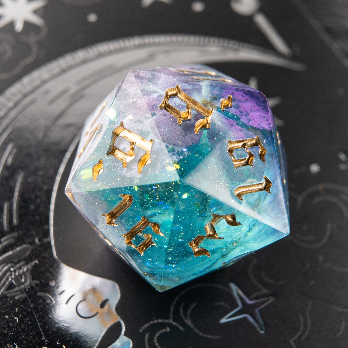 Bloomlight resin dice – magical handmade D20 with floral design for tabletop gaming.