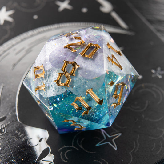 Bloomlight handmade resin D20 – dice with real flower inside for D&D and tabletop RPG.