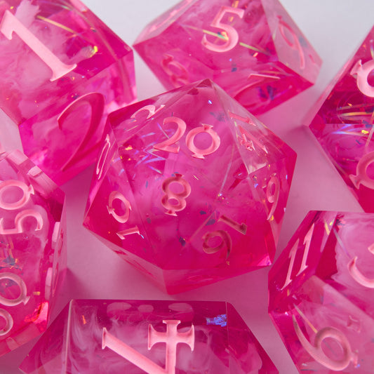 Handmade dice set Eternal Kiss – pink resin polyhedral dice for Dungeons & Dragons.