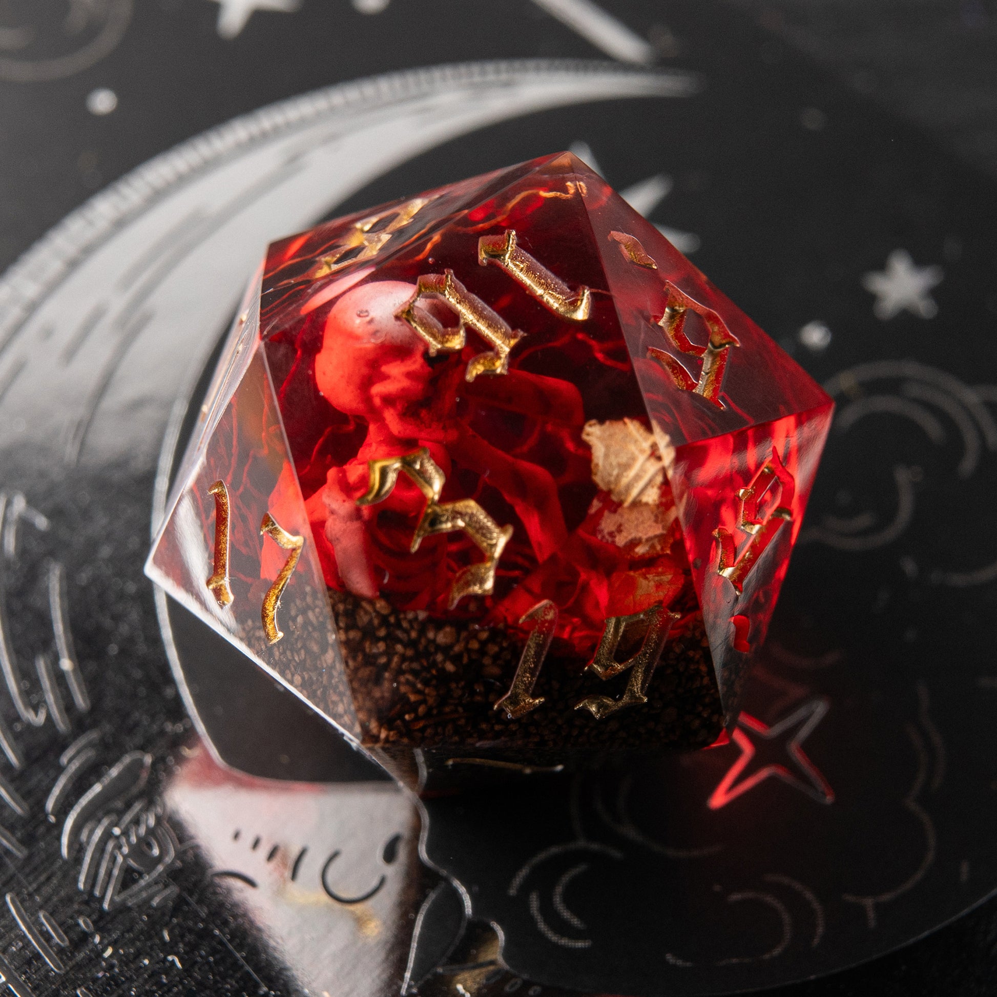 Drowned Relic handmade resin D20 – red dice with skeleton inside for D&D.