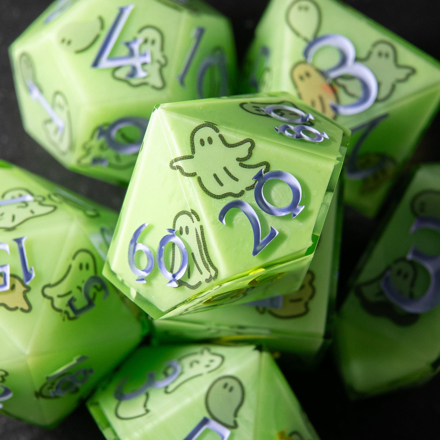 Haunted Glow polyhedral dice set – custom handmade resin dice for Dungeons & Dragons.