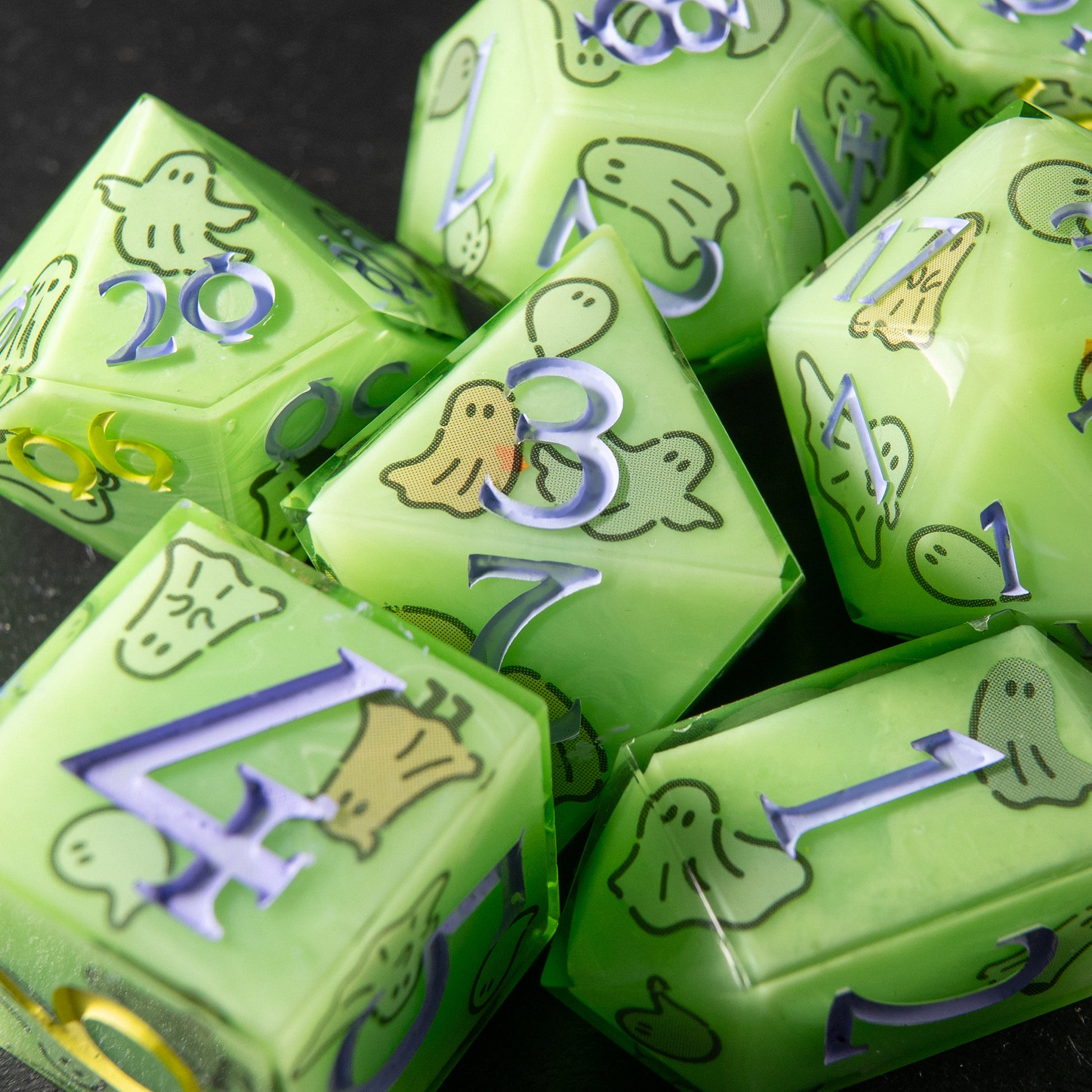 Green ghost-themed resin dice Haunted Glow – handmade polyhedral D20 for RPG players.