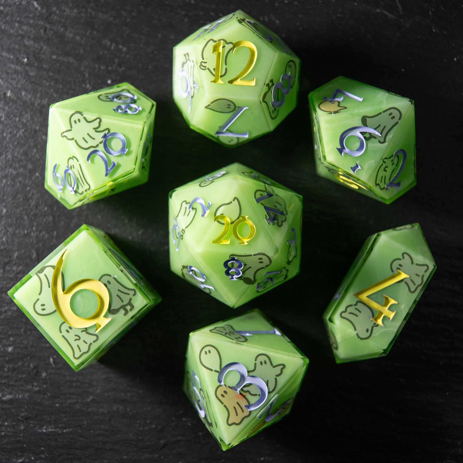 Haunted Glow artisan dice – whimsical green resin dice set with ghost decorations for collectors.