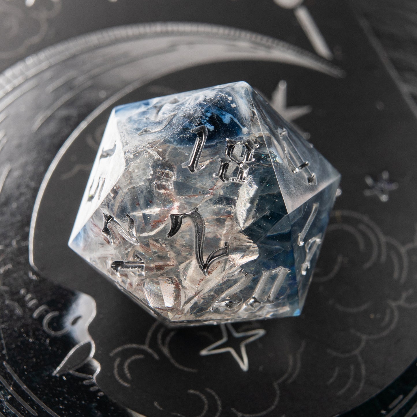 Frozen Serpent handmade resin D20 – dice with real snake skin inside for Dungeons & Dragons.