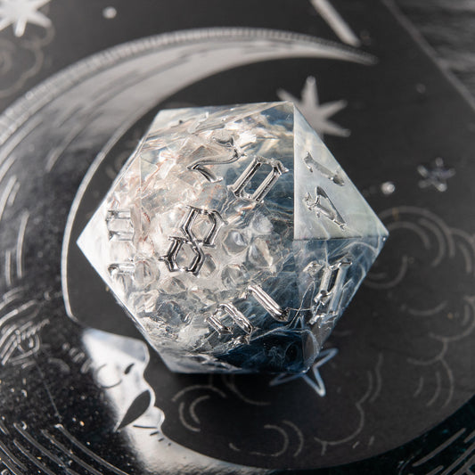 Frozen Serpent resin dice – handmade polyhedral D20 with snake motif for collectors.