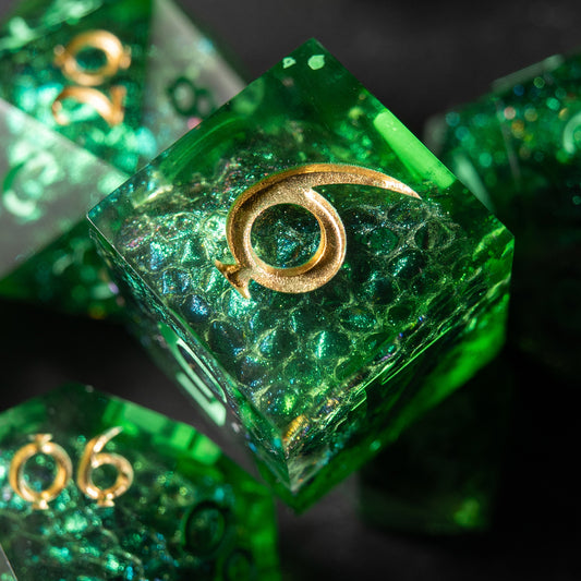 Polyhedral dice set Eternal Kiss – unique handmade dice for role-playing games.